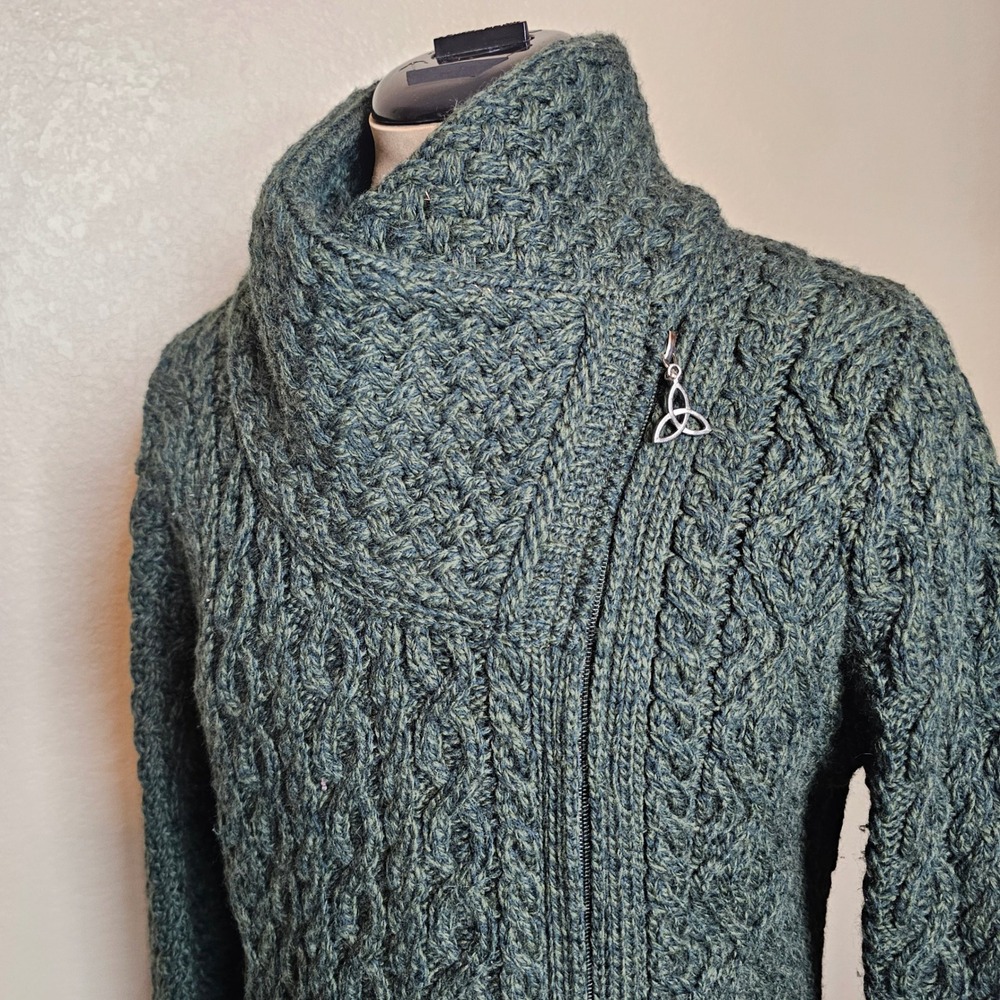 NWOT Aran Crafts Irish Merino Wool Side Zip Cardigan Sweater Coat Green Small - Picture 3 of 9